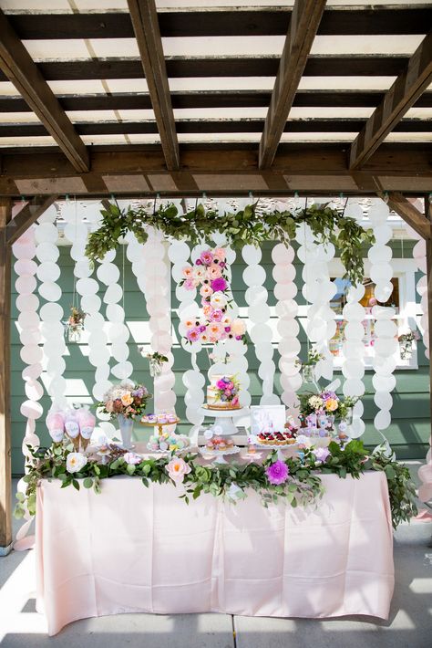 1st birthday garden party dessert table! This was a pink and purple theme with flowers everywhere! Dessert Table Birthday, Dessert Party, Magic Garden, Party Dessert Table, Outdoor Party Decorations, Theme Nature, Garden Party Birthday, Garden Birthday, Birthday Table