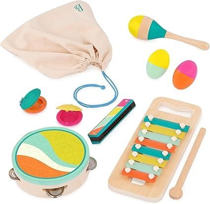 Amazon.com: B. toys- Make a Melody- 9pc Wooden Musical Instruments – Xylophone, Tambourine, Harmonica – Drawstring Storage Bag – 2 Years + : Everything Else Wooden Instruments, Play Instruments, Wooden Musical Instruments, Egg Shakers, Baby Musical Toys, Music Classes, Wooden Playset, Drum Pad, Baby Music