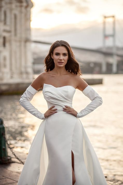 boho bride long sleeve satin a line ivory wedding dress gloves detachable skirt beach summer bohemian modern formal off white bridal train Strapless Satin Wedding Dress With Gloves, Bride Gloves Long, Wedding Dress Gloves Long, White Dress With Gloves, Wedding Dress With Gloves, Gloves Wedding Dress, Wedding Dress Gloves, Bridal Train, Wedding Dress Detachable Skirt