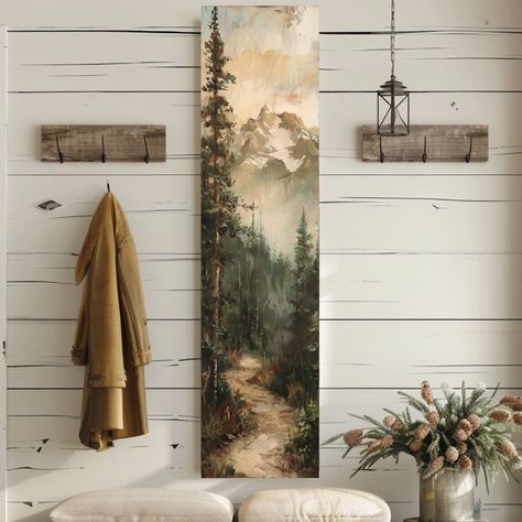 Earthy Modern Wall Art, Over The Fireplace Art, Big Picture Frame Ideas, Dining Area Wall Decor Ideas, Long Canvas Art, Long Canvas Painting, Earthy Wall Decor, Vertical Paintings, Long Vertical Wall Art