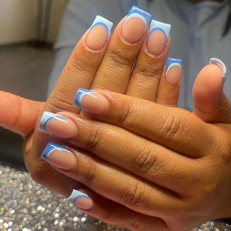 Trendy Acrylic Nail Designs French Tip, Blue Frenchies Nails Short, Two Tone Blue French Tips, Different Shades Of Blue French Tips, Lavender French Tip Nails With Design, Double French Nails Blue, Short Square Acrylic Nails Blue French Tips, Square French Tip Designs, Blue Shirt Nails