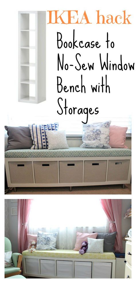 Bookcase to No-Sew Window Bench with Storages - IKEA hack Ikea Bookcase Bench Hack, Ikea Diy Bench With Storage, Ikea Hack Bookcase, Ikea Window Seat, Bookcase Bench, Ikea Hack Storage, Bench Window Seat, Kitchen Storage Bench, Ikea Toy Storage