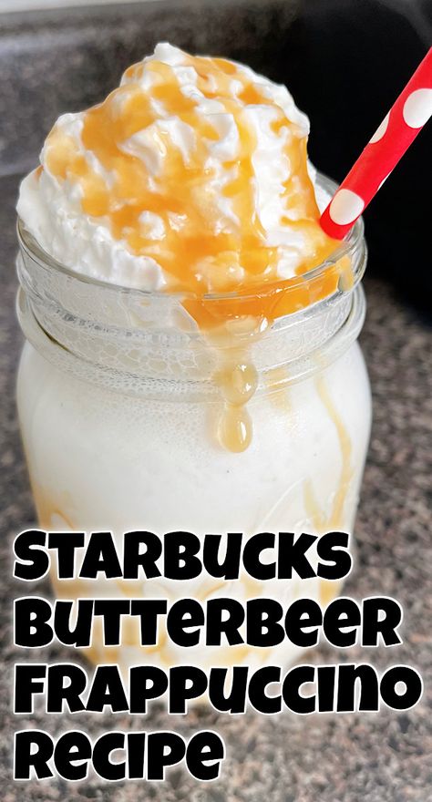 Hey Harry Potter fans! Did you know you can order a Butterbeer Frappuccino at Starbucks from their "Secret Menu"? I'm going to show you how and give you a recipe to make a Starbucks Butterbeer Frappuccino right at home! Butterbeer Frappuccino Recipe, Butterbeer Frappuccino Starbucks, Butterbeer Starbucks, Starbucks Butterbeer Recipe, Pumpkin Spice Frappuccino Recipe, Butterbeer Frappuccino, Starbucks Frappuccino Recipe, Vanilla Frappuccino, Pumpkin Spice Frappuccino