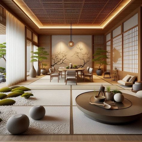 Contemporary Japanese Interior Design Modern Asian Living Room Ideas, Japan Zen Interior, Kyoto Interior Design, Japanese Minimalist Design, Japanese Luxury Interior, Japanese Design Interior, Zen Interior Design Living Room, Japanese Foyer, Japanese Meditation Room