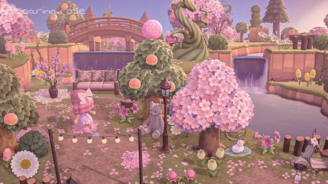 ACNH island entrance in Cherry Blossom season Animal Crossing Cherry Blossom Island, Cherry Blossom Island Acnh, Acnh Cherry Blossom Code, Acnh Sakura Path, Acnh Cherry Blossom Path Designs, Cherry Blossom Animal Crossing, Animal Crossing Designs Codes, Acnh Coquette, Acnh Tattoo