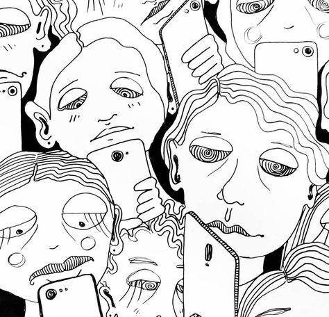 Black and white digital illustration of people addicted to their phones, a social media society Social Media Negative, Social Media Illustration, Phone Illustration, Society Art, Doodles Sketches, Idea Generation, Quitting Social Media, Satirical Illustrations, Media Illustration