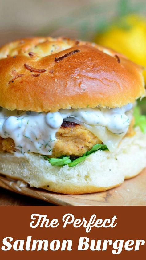 The Perfect Salmon Burger. Delicious salmon patty served on an onion roll, with picked, cheese and topped with caper dill sauce!! willcookforsmiles.com Salmon Patties Sandwich, Salmon Patty Burger, Salmon Sandwiches Recipes, Salmon Patties Burgers, Salmon Sandwich Sauce, Salmon Patty Sandwich, Toppings For Salmon Burgers, Dill Sauce Salmon, Salmon Burger Toppings