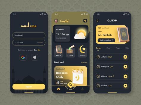 Muslim App - UI Mobile Design by Ru'ya Shadiqa on Dribbble Muslim Apps, Modern App Design, Ui Mobile Design, App Ui Design Inspiration, Ui Design Ideas, Islamic Apps, Ui Ux Design App, Quran App, App Wireframe