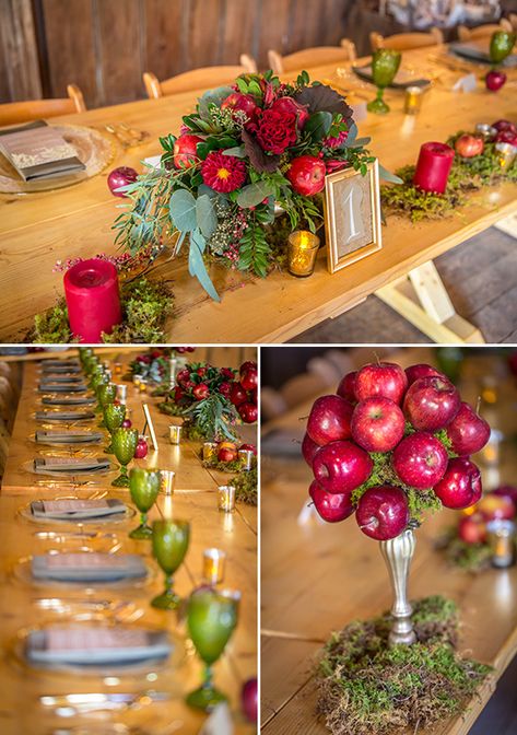 Apple Wedding Centerpieces, Snow White Wedding Theme, Apple Theme Parties, Apple Centerpieces, Snow White Theme, Apple Orchard Wedding, Snow White Wedding, Themed Wedding Decorations, Apple Kitchen Decor