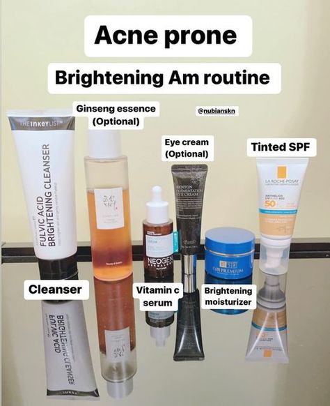 Zahra| K-Beauty & Skincare on Instagram: "Do you need all these products NO! That’s why I marked some as optional! Yes they do contain ingredients to help brighten and even out skin tone but you can keep it simple without them and still get the same effects. All these products I use on my dry sensitive acne prone skin. The @larocheposay is new for me I’m loving it. It does have fragrance but it’s not heavy nor irritating on my skin. SPOT any favs ? 🤍 Products listed : @theinkeylist Fulv Korean Skincare For Dry Acne Prone Skin, Brightening Skincare Products, Dry Acne Prone Skin, Sensitive Acne Prone Skin, Acne Diet, Brightening Skincare, Acne Prone Skin Care, Brightening Cleanser, Skin Care Routine Order