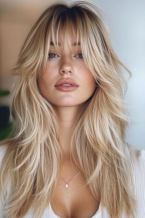 Long Haircut With Layers Blonde, Blonde Bangs Long Hair, Long Layer Blonde Hair, Beachy Layers, Blonde Hair Long Bangs, Blonde Hair Round Layers, Long Layers Blonde, Summer Wedding Guest Hairstyles, Long Blonde Hair With Layers And Bangs