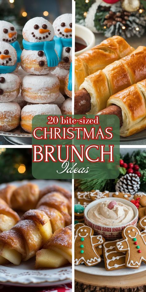 Festive Christmas brunch ideas collage with donut snowmen, pastry-wrapped sausages, apple pastries, and gingerbread cookies with dip. Warm holiday ambiance. Appetizer For Breakfast, Host A Breakfast Party, Brunch Idea For A Crowd, Brunch Ideas To Bring, Breakfast Themed Christmas Party, Christmas Breakfast Grazing Board, Christmas Brunch Snack Ideas, Christmas Family Brunch Ideas, Brunch Foods For Christmas