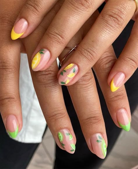 summer nails, citrus nails, bright summer nails, yellow nails, fruit nails, summer nail art, nail art, summer nail designs, citrus nail art, summer nails trend Yellow French Nails, Citrus Nails, Margarita Nails, Fruit Nail Designs, Lemon Nails, Bright Pink Nails, Daisy Nail Art, Yellow French, Fruit Nail Art