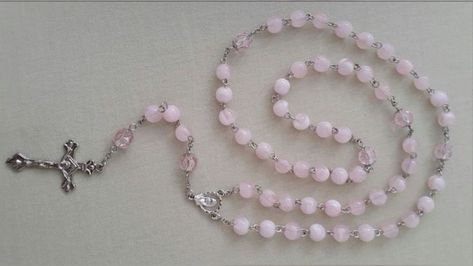 pink rosary coquette lana del rey aesthetic catholic girlblogger lizzy grant girlblog virgin mary dollette Pink Rosary, Necklace Glass Beads, Rosary Beads Necklace, Glass Beads Necklace, Rosary Beads Catholic, Catholic Necklace, The Cardigans, Pearl Rosary, Catholic Rosary