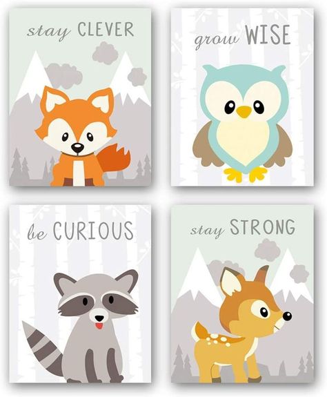 CHDITB Unframed Woodland Animals Art Print Adorable Fox Owl Racoon Deer Wall Art Painting,Set of 4（8’’x10’’） Canvas Cartoon Inspirational Picture for Kids Room Nursery Decor Animal Pictures For Kids, Jungle Animal Art, Canvas Cartoon, Woodland Animal Art, Deer Wall Art, Woodland Animal Prints, Deer Wall, Wildlife Paintings, Animals Art