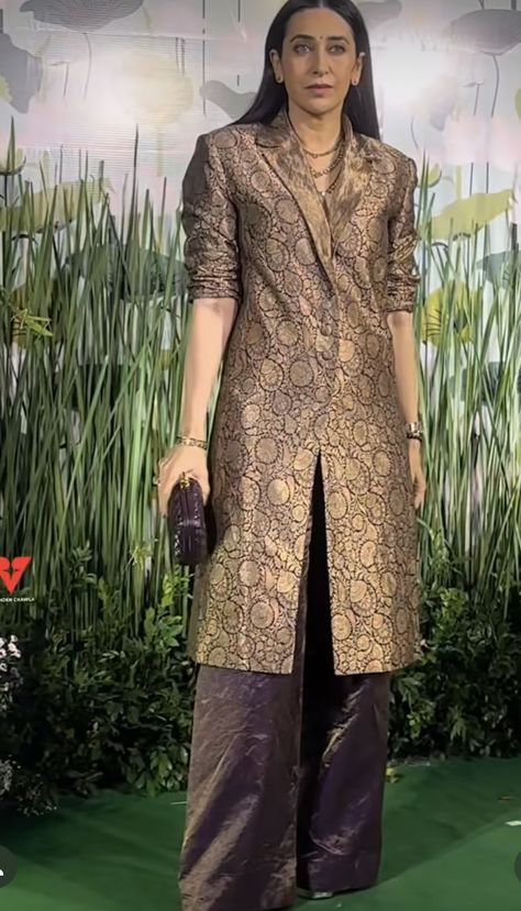 Brocade Blazer Outfit, Brocade Western Outfits, Saree Salwar Dress Design, Banarasi Silk Suits Design, Banarsi Cord Set Design, Brocade Kurta Designs Women, Brocade Jacket Outfit, Banarasi Blazer Suit Women, Brocade Coord Set Indian