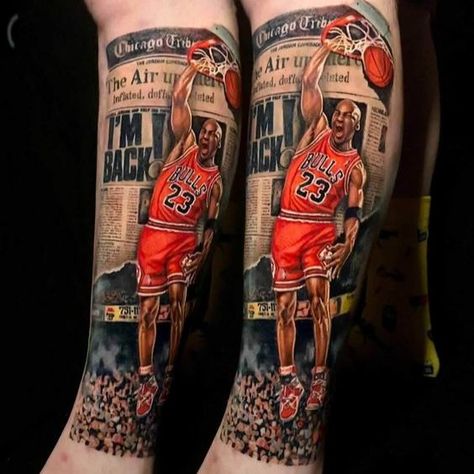 Top 14 Basketball Tattoos For Men To Try This Year Nba Tattoo Ideas, Upper Knee Tattoo Men, Mikel Jordan, Jordan Tattoo Ideas, Nba Players Tattoos, Basketball Tattoos For Men, Nba Tattoo, Michael Jordan Tattoo, Dreamer Tattoo