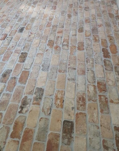 Brick Patio Floor, Washed Brick Floor, Mortar Washed Brick, Chicago Brick, Brick Floor, Foyer Flooring, Tiled Floor, White Wash Brick, Reclaimed Brick