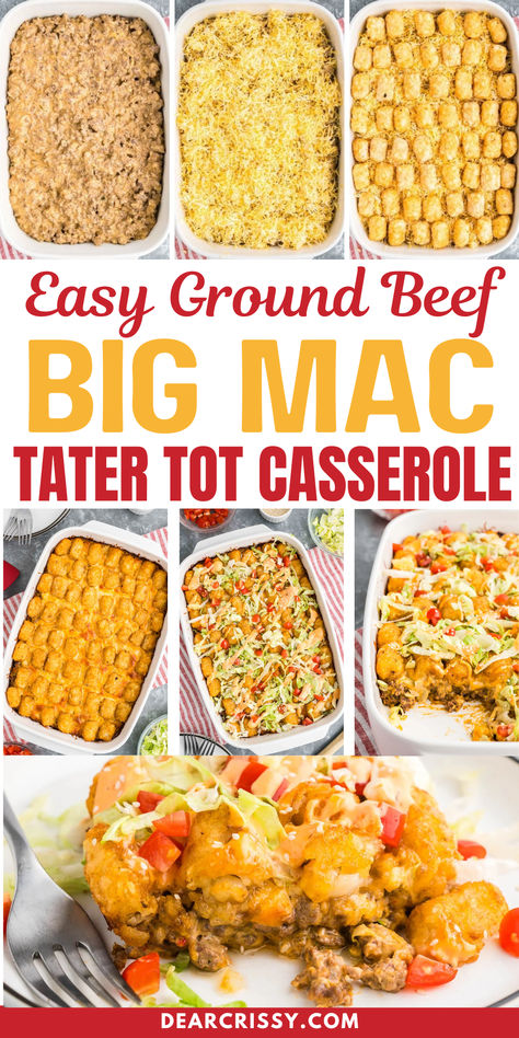 Easy Ground Beef Big Mac Tater Tot Casserole is a crowd-pleasing dinner recipe. This McDonalds Inspired Big Mac Casserole combines seasoned beef, melted cheese, and crispy tater tots for a comforting twist on a classic favorite. Perfect for busy families, this recipe is quick to prepare and packed with flavors everyone will love. Serve with fresh lettuce and tomatoes for a delightful finish. Burger Tater Tot Casserole, Tater Tot Casserole With Ground Beef Easy, Tater Tot Casserole Ground Beef, Big Mac Tater Tot Casserole, Sloppy Joe Tater Tot Casserole, Big Mac Casserole, Casserole Crockpot Recipes, Cheeseburger Tater Tot Casserole, Tater Tot Recipes