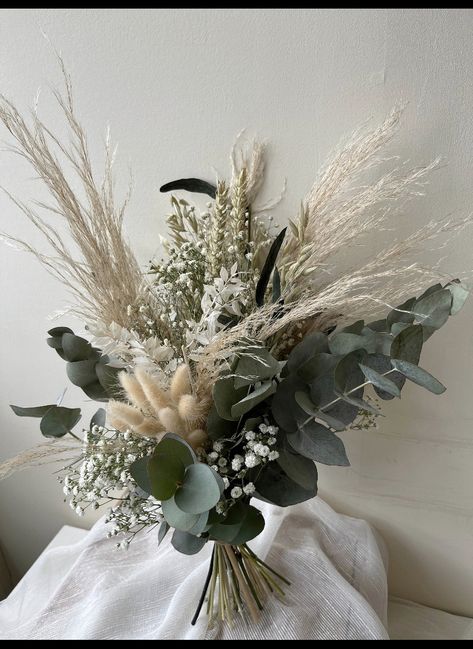 Boho Dried Bouquet, Eucalyptus And Dried Flowers Wedding, Green Bridal Bouquet Simple, Dried Bridal Flowers, Small Rustic Bouquet, Wheat And Eucalyptus Bouquet, Rustic Dried Flowers, Rustic Wedding Uk, Rustic Flower Bouquets Wedding