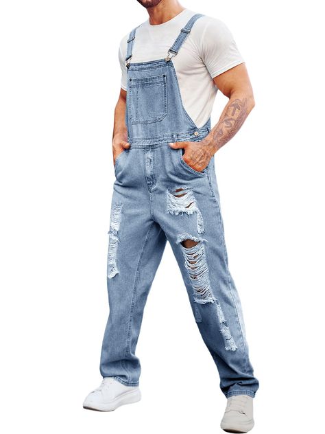 PRICES MAY VARY. Material: High quality denim fabric, this hippie denim overalls is durability and long-lasting wear, soft denim provides you comfort and relaxed feeling throughout day Features: Fashion overall trousers for men, Destroyed jeans, Ripped Design, Button Fly and zipper closure, Denim fabric, Trousers, Two side pockets and two back pockets. These distressed workwear jean jumpsuit feature a generous and relaxed touch, regular fit with adjustable shoulder straps, big bib pocket & multi Sleek Casual Outfits, Jean Jumpsuit, Overalls Jeans, Mens Fashion Denim, Overalls Fashion, Blue Overalls, Straps Jumpsuit, Workwear Jeans, Trousers Casual