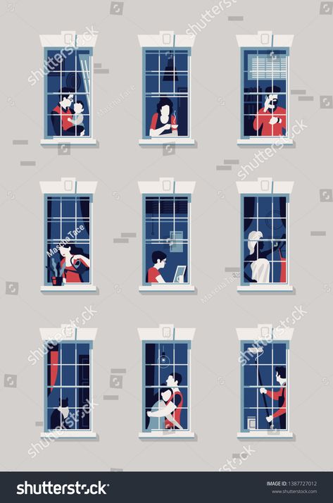 Quality flat vector illustration on neighbours. Various people seen through open and closed apartment building windows. Multiple characters in their daily city life. Privacy in big city concept #Ad , #SPONSORED, #open#people#apartment#closed Apartment Building Illustration, Apartment Illustration, Windows Illustration, City Concept, Building Windows, Window Illustration, Building Front, Building Illustration, Flat Vector Illustration