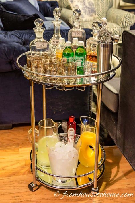 How To Style A Bar Cart, Style A Bar Cart, Round Bar Cart, Gold Champagne Flutes, Margarita Bar, Wine Ice Bucket, Staging Ideas, Cart Decor, Set It Up