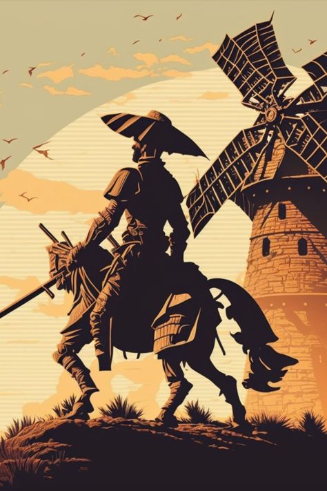 Don Quixote Aesthetic, Don Quixote Art, Windmill Art, Don Quixote, Black Art Pictures, Black Art, Conversation Piece, Nice View, Art Illustration