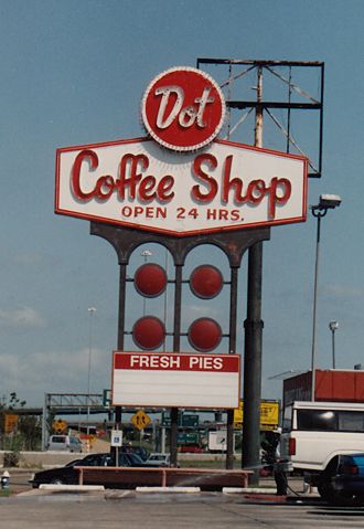 50s Signage, 1950s Signage, Googie Aesthetic, Houston Coffee Shops, Disco Roller Skating, Roadside America, Retro Signage, Coffee Shop Signs, Googie Architecture