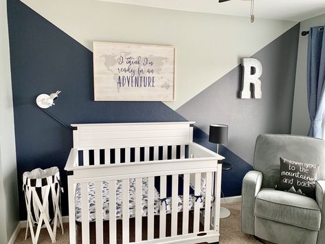 Rocco’s Grey and navy blue nursery. #monochromatic #halenavybybenjaminmoore #blackandwhite #simplenursery Navy Themed Nursery, Nursery With Navy Accents, Nursery Navy Accent Wall, Grey White And Blue Nursery, Kashton Nursery, Navy Grey Nursery, Grey And Blue Nursery Ideas, Navy Blue And White Nursery, Navy And Gray Nursery