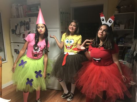 You can keep adding more character Spongebob Dress Up Party, Sponge Bob Characters Costumes, Mr Krabs Costume, Spongebob Dress Up, Sponge Bob Costume Diy, Spongebob Theme Party Outfit, Sandy Costume Spongebob, Unique Spongebob Costumes, Spongebob Custome Halloween