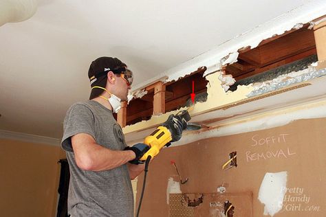 How to Remove a Soffit - Kitchen Renovation Update Bulkhead In Kitchen, Soffit In Kitchen, Bulkhead Kitchen, Kitchen Niche, Kitchen Soffit, Small Kitchen Cabinets, Galley Kitchen Remodel, Above Kitchen Cabinets, Fancy Kitchens