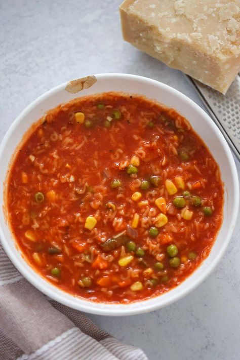 Alphabet soup in a white bowl with a block of parmesan cheese on the side. Homemade Grilled Cheese, Grilled Chicken Parmesan, Canning Crushed Tomatoes, Leftovers Soup, Comfort Soup, Alphabet Soup, White Bowl, Vegetarian Soup, Dinner Plan