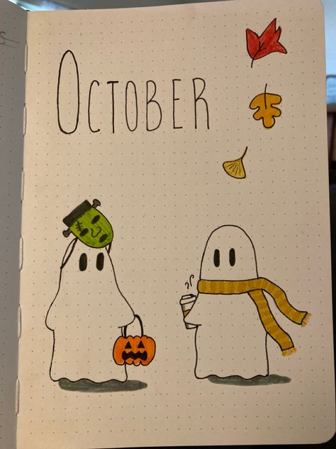 Cute October Drawings, October Aesthetic Journal, October Doodles Easy, Journal October Ideas, October Bulletin Journal Ideas, Easy Fall Drawings Simple, Ghost Bullet Journal, October Journal Cover, October Drawings