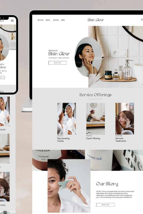 Website design for skincare, beauty, and esthetician businesses Facial Website Design, Skincare Website Design Inspiration, Spa Website Design Inspiration, Esthetician Website Design, Dermatology Website, Skincare Website Design, Esthetician Website, Skincare Website, Wireframe Website