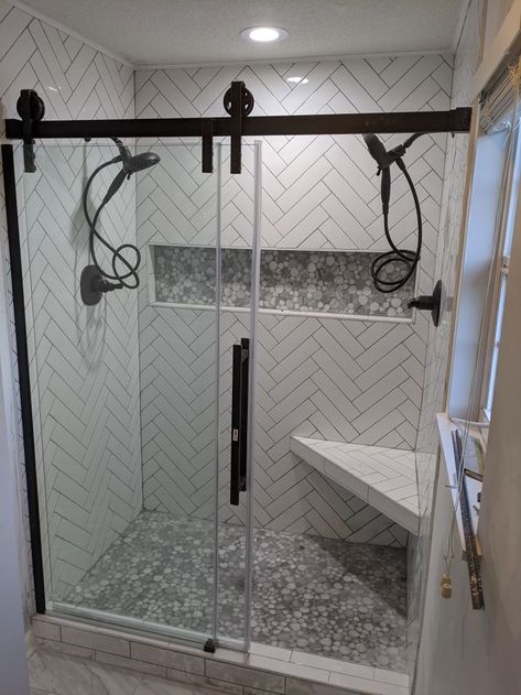 Diagonal Subway Tile Bathroom, Tile Shower With Niche And Bench, Simple Tile Shower Ideas Walk In, Shower Tile Ideas With Pebble Floor, Showers With Herringbone Tile, Shower Box Tile Ideas, Pebble Niche Bathroom, Shower Tile With Pebble Floor, Diagonal Shower Tile