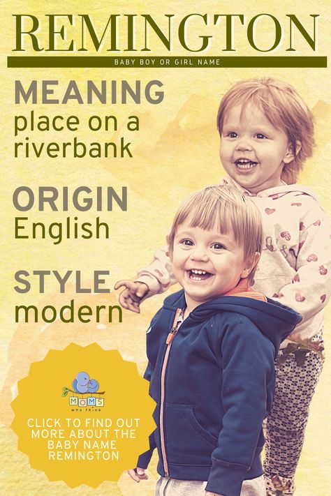 Remington is an English baby name for both boys and girls. Remington means “place on a riverbank” and is popular due to its posh, refined sound. Remington is commonly shortened to Remy. #girlname #boyname #babyname Boy Middle Names, Boy Name Meanings, Baby Name Meaning, Middle Names For Girls, English Baby Names, Unique Baby Boy Names, Unisex Baby Names, Middle Names