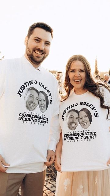 We wanted to still throw SOMETHING so I jokingly said tshirt toss!!! Quickly we realized that was actually the best idea and we had to do it! Shoutout to all my bridesmaids who literally fought TOOTH AND NAIL for these tshirts!!! It was easily the best part of reception, something that all our guests were talking about afterwards! I highly recommend! Comment down below something untraditional you did at your wedding! Tshirt Wedding Favors, T Shirt Toss At Wedding, T Shirt Toss Wedding, Wedding Merch Tshirt, Wedding T Shirt Toss, Tshirt Toss Wedding, Wedding Tshirt For Guests, Wedding T Shirts For Guests, Wedding Shirts For Guests