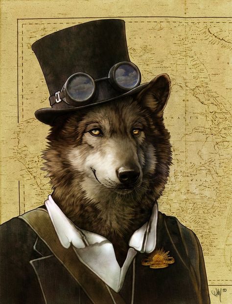 Steampunk Animals, Dapper Dogs, Animal Portraits Art, Fancy Cats, Wow Art, A Wolf, Vintage Eclectic, Animal Heads, Top Hat