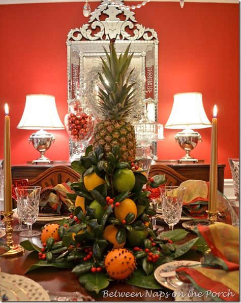 Colonial Williamsburg, Christmas Table settings Tablescape ~ I have the backdrop wall, mirror and lamps, now for the tablescape... Lime Centerpiece, Colonial Williamsburg Christmas, Williamsburg Christmas, Tafel Decor, Tree Centerpieces, Colonial Christmas, Beautiful Table Settings, Thanksgiving Table Settings, Colonial Williamsburg