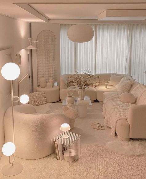 Comfy Bed Design, Ethereal Living Room Aesthetic, Cloud Apartment Aesthetic, Aesthetic Lounge Room, Comfy Home Aesthetic, Aesthetic Sofa, Comfy Living Room Decor, Lounge Aesthetic, Cozy Modern Living Room