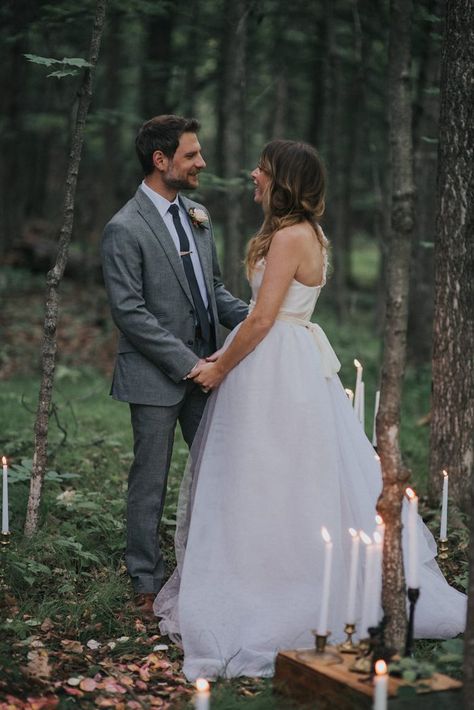 Candlelit Upstate New York Forest Vow Renewal at M & D Farm | Junebug Weddings Spring Vow Renewal Ideas, Intimate Vow Renewal Ideas 10 Year, Forest Vow Renewal, Vow Renewal Photoshoot, Vow Renewal Ideas, Forest Fairytale, Candlelit Ceremony, Vowel Renewal, Renewal Ceremony