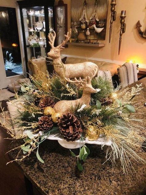 Diy Wooden Deer Christmas Decorations, Deer Christmas Centerpiece, Christmas Decor With Antlers, Christmas Decor With Deer Antlers, Deer Centerpiece Ideas, Deer Antler Christmas Decor, Winter Tablescape Ideas, Decorating With Deer, Sleigh Decorating Ideas Christmas