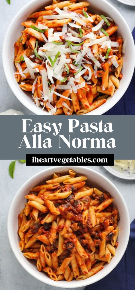 Pasta Alla Norma is a traditional Sicilian dish made with pasta, eggplant, tomatoes, grated cheese, and basil. This recipe uses the microwave to speed up the cooking process and minimize the need for oil. If you love eggplant, this pasta dish is for you! Pasta Norma Recipe, Pasta Eggplant, Pasta Norma, Ricotta Pasta Recipes, Penne Noodles, Tomato Basil Pasta Sauce, Simple Vegetarian Recipes, Pasta Alla Norma, Tomato Basil Pasta