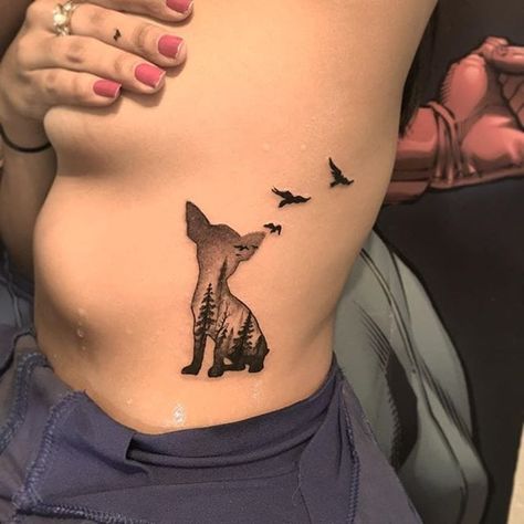 Black and grey chihuahua silhouette tattoo with a forest scene inset. Tattoo by Alexis Vargas. #chihuahua #blackandgrey #silhouette #birds #forest | Jun 7th 2016 | 60152 Chihuahua Silhouette, Psy Chihuahua, Chihuahua Tattoo, Silhouette Tattoo, One Line Tattoo, Silhouette Tattoos, Stomach Tattoos, Feather Tattoo, Virtual Pet