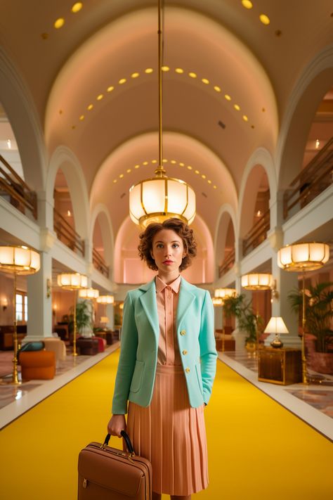 Wes Anderson style wallpaper ideas Wes Anderson Women Style, Wes Anderson Framing, Wes Anderson Female Characters, Wes Anderson Dress, Wes Anderson Inspired Photoshoot, Wes Anderson Style Photography, Wes Anderson Women, Wes Anderson Aesthetic Fashion, Wes Anderson Hotel