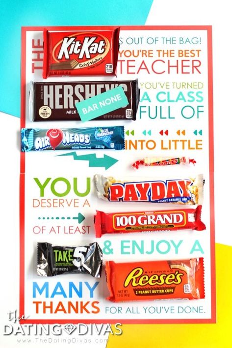 Last Day of School Candy Gram for Teachers- the is PERFECT for a lot day of school teacher gift or end of the year surprise for teacher appreciation week!! #teachergift #teachercandygram #lastdayofschool #teacherapprecitation Free Printable from The Dating Divas #freeprintable #datingdivas by marian Candy Bar Poster, Appreciation Gifts Diy, Teacher Gift Baskets, Candy Grams, Teacher Appreciation Gifts Diy, Student Teacher Gifts, Employee Appreciation Gifts, Presents For Teachers, School Teacher Gifts