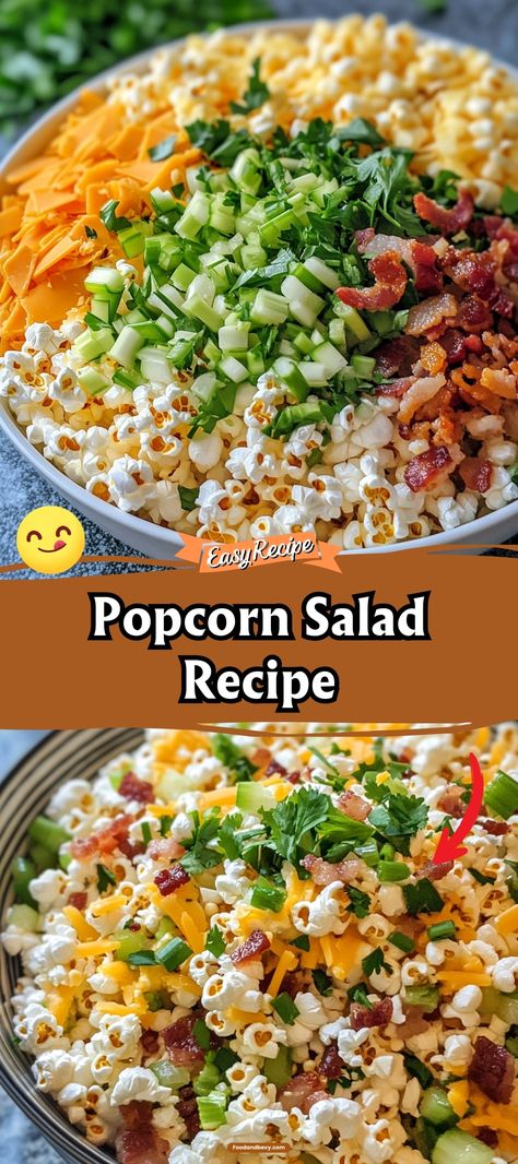 Popcorn Salad Recipe via @recipesforfamily12 Popcorn Salad Recipe, Savory Popcorn Recipes, Unique Salads, Popcorn Recipes Savory, Unique Salad Recipes, Popcorn Salad, Bacon Popcorn, Savory Popcorn, Unique Salad