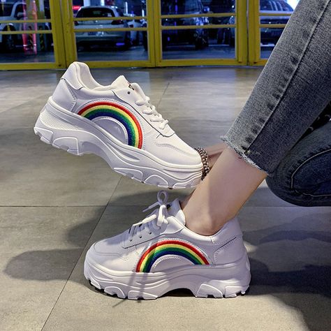 LGBT Rainbow Platform Lace-up Sneakers – Rose Gold Co. Shop Pride Shoes, Women Platform Sneakers, Rainbow Sneakers, Rainbow Shoes, Sport Shoes Fashion, White Shoes Sneakers, Dad Shoes, Sport Shoes Women, Lace Sneakers