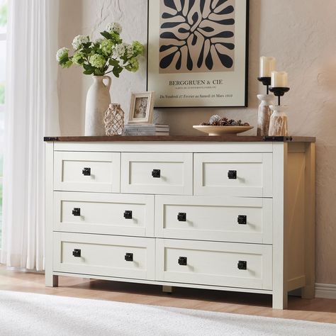 PRICES MAY VARY. Farmhouse 7-Drawer Dresser: Natural and warm antique finishes may display natural weathering, unique cracks, splits, or other organic features, giving every piece a unique look, and adding a touch of a homey and rustic farmhouse aesthetic to your space while a fluent linear border on the drawer faces, hand-rubbed burnished hardware, and a classic barn sign on the side provide sophisticated architectural detailing. You’ll love living with them for years to come! Lots of Storage S Mirrors For Dressers, Over The Dresser Wall Decor, Dresser For Changing Table, Top Of Dresser Organization, Decorate Dresser Top, Above Dresser Decor, Top Of Dresser Decor, Dresser Decor With Tv Above, White Dresser Decor